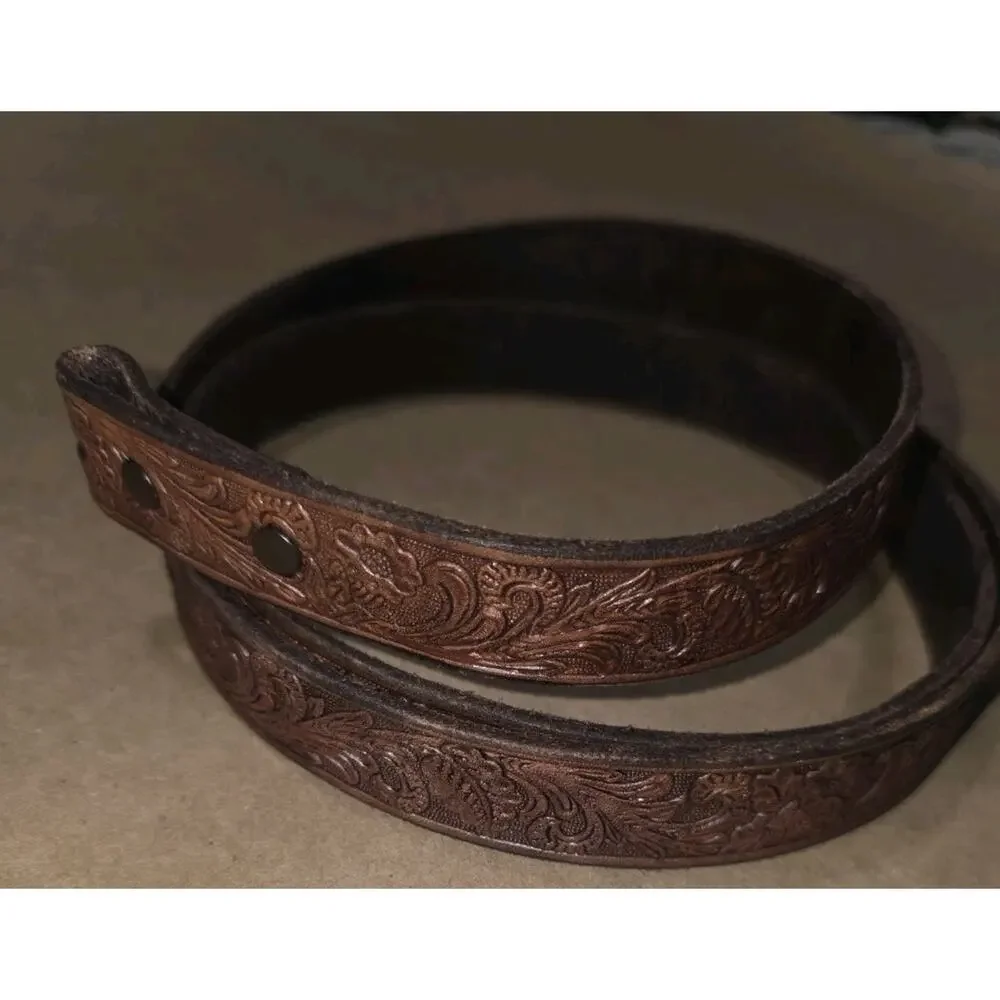 vintage TOOLED buckle belt WESTERN leather 46 brown COWHIDE floral cowboy rodeo